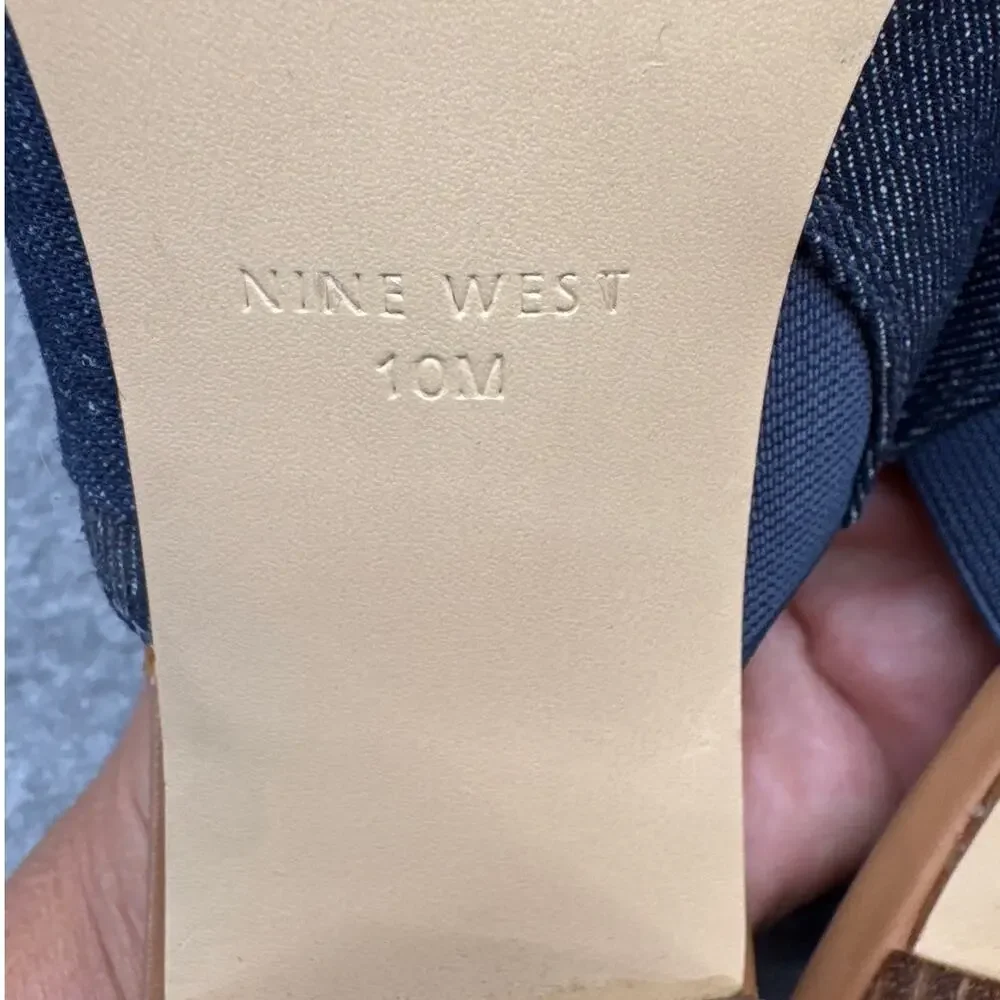 Nine West Byron Denim Fringe Bow Slide Block Heel Sandals Women 10